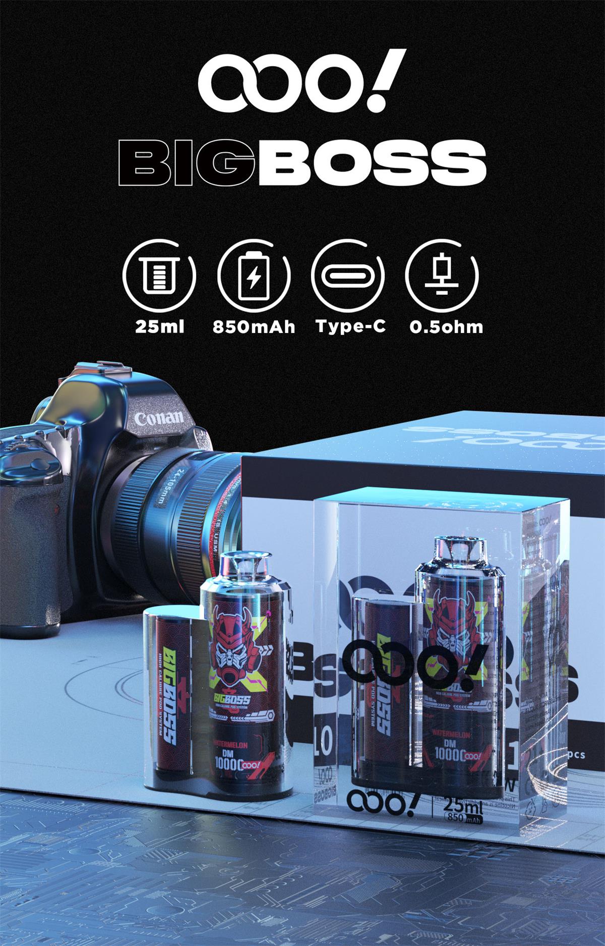 OOO! BIGBOSS DTL/DL Disposable Vape POD 12000 Puffs 25ml Free Base large clouds with adjustable airflow and rechargeable battery